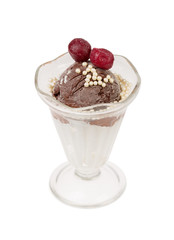 Chocolate and vanilla ice-cream with strawberries on a top.