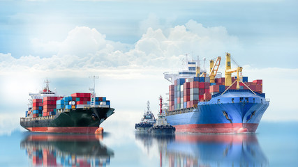 Logistics and transportation of International Container Cargo ship with tugboat in the ocean,...
