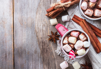 Hot chocolate with marshmallows and spices on rustic wooden table