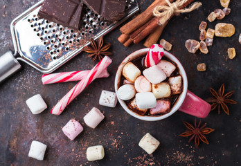 Hot chocolate with marshmallows and spices on grunge dark table