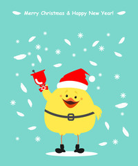 Chicken Santa Claus. Christmas card, chick clothing Santa ringing a bell. Vector