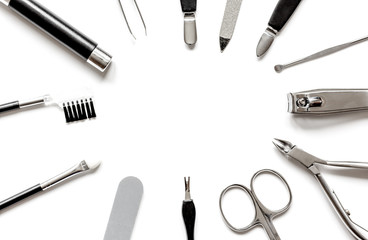 nail care - manicure set on white background top view