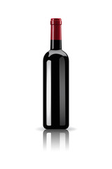 Vector realistic red wine bottle with mirror reflection on white background.