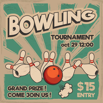 Vector pop art bowling illustration on a vintage background. Bowling strike. Retro bowling tournament poster design concept.