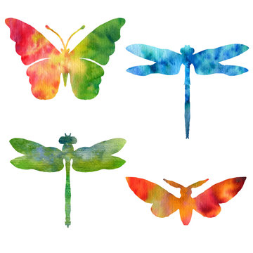 set of color watercolor silhouettes of butterflies