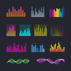 Set colorful ui ux music equalizer sound waves. Audio electronic bar. Music waves interface. Dj vector illustration. Colorful light audio signal.