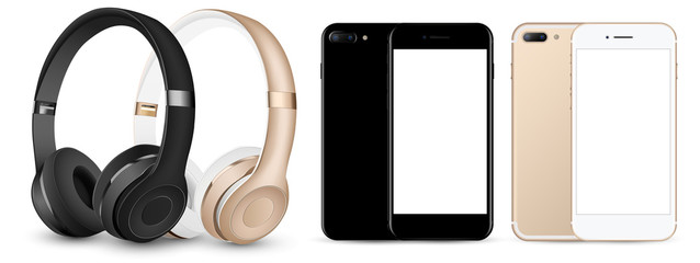 vector black, gold music headphones and black, gold smartphone