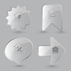 4 images: home comfort, library, workshop, hotel. Home set. Glas