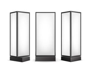 Vector Black White Luminous Rectangular Poster Stands Pillars for Indoor Advertising Front Side View Isolated on Background