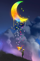 Obraz premium the kid opening a fantasy box and looking up a magic gift,colorful melting moon,illustration painting