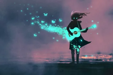 Tuinposter girl playing guitar with a blue light and glowing butterflies,illustration painting © grandfailure