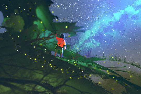 little boy standing on giant leaves looking at a night sky,illustration painting