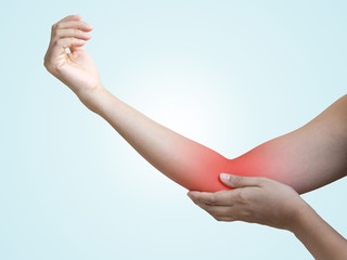 Hands of men or women elbow injury