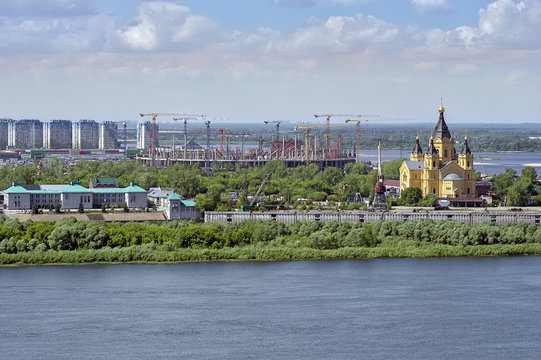 View of the Alexander Nevsky Cathedral and football stadium. Nizhny Novgorod, Russia