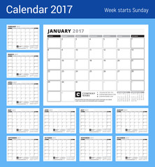Calendar Planner for 2017 Year. Week Starts Sunday. Black and White Color Theme. Stationery Design. Set of 12 Months
