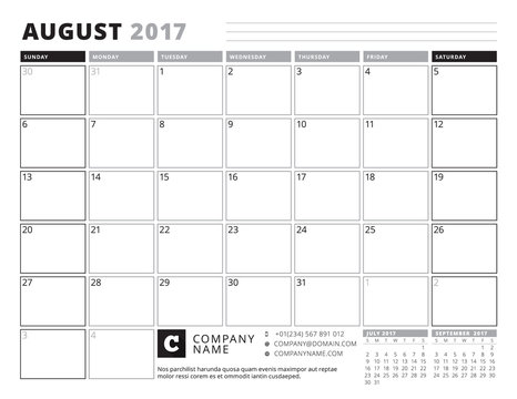August 2017. Calendar Planner for 2017 Year. Week Starts Sunday. Black and White Color Theme. Stationery Design