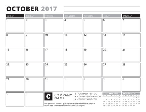 October 2017. Calendar Planner for 2017 Year. Week Starts Sunday. Black and White Color Theme. Stationery Design