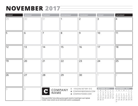 November 2017. Calendar Planner for 2017 Year. Week Starts Sunday. Black and White Color Theme. Stationery Design