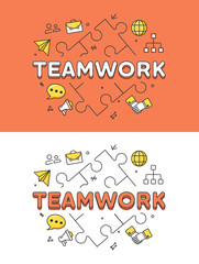 Linear Flat TEAMWORK puzzles hero image vector. Business team