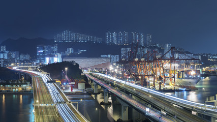 Fototapeta na wymiar Panorama of Cargo Port and Highway in Hong Kong