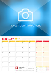 February 2017. Wall Calendar Planner for 2017 Year. Vector Print Template with Place for Photo. Week Starts Monday. 3 Months on Page