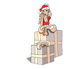 Kerstkaart blondine achter cadeaus