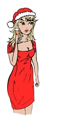Fotobehang Kerstkaart dame met rode jurk © emieldelange