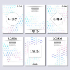 Set of business templates for brochure, flyer, cover magazine in A4 size. Structure molecule DNA and neurons. Geometric abstract background. Medicine, science, technology. Vector illustration.