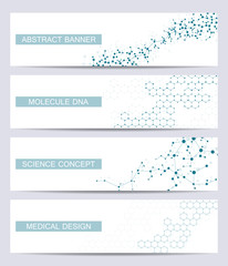 Set of modern scientific banners. Molecule structure DNA and neurons. Abstract background. Medicine, science, technology. Vector illustration for your design.