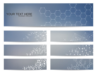 Set of modern scientific banners. Molecule structure DNA and neurons. Abstract background. Medicine, science, technology. Vector illustration for your design.