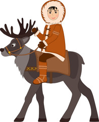 Eskimo boy rides on a reindeer