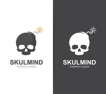 Vector skull and bomb logo combination. Explosion and dead symbol or icon. Unique danger and destruction logotype design template.