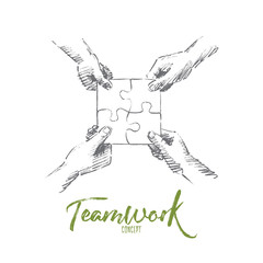 Vector hand drawn teamwork concept sketch. Human hands folding four parts of one puzzle torether. Lettering Teamwork concept