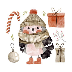 Little cute bullfinch with winter hat and scarf - 125352379