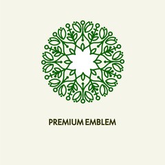 Conceptual template vector round logo design and monogram concept in trendy linear style, floral badge, emblem for fashion, beauty and jewelry industry