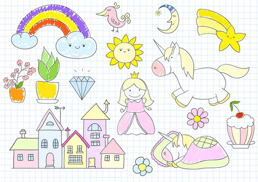 Vector sketches with princess and unicorn