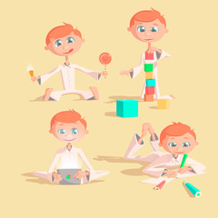 Little lovely baby boy playing with toys. Kid builds house from cubes.  draws pencils.  plays a pad.  eats sweets Colorful vector illustration set