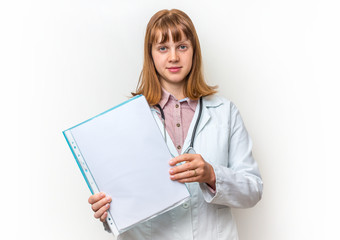 Female doctor showing blank clipboard