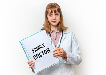 Female doctor showing clipboard with written text: Family Doctor