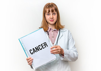 Female doctor showing clipboard with written text: Cancer