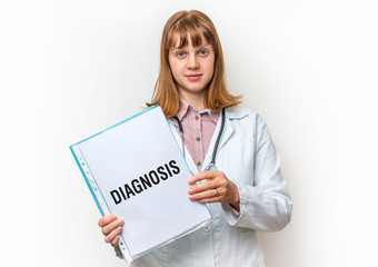 Female doctor showing clipboard with written text: Diagnosis