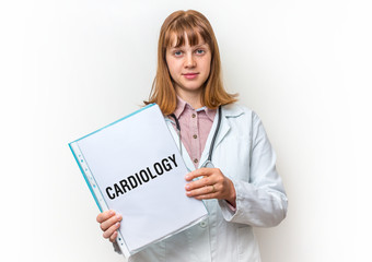 Doctor showing clipboard with written text: Cardiology