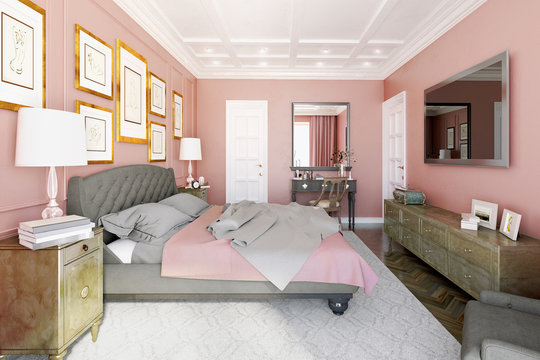 Master bedroom with modern design with pink and brown. 3d illust