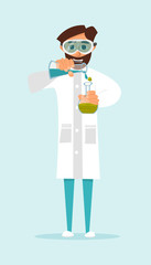 Research scientist conducting an experiment with liquids. The nature of the design. Vector