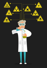 Researcher of the research laboratory with the reagents in his hands. Vector
