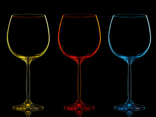 Silhouette of color wine glass on black background.