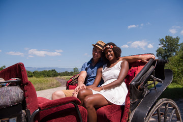 multiethnic couple sitting in a horse carriage