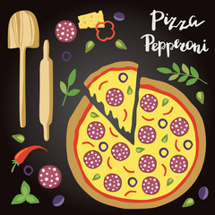Vector illustration of Pepperoni Pizza with ingredients.