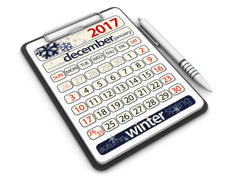 Clipboard with December 2017. Image with clipping path