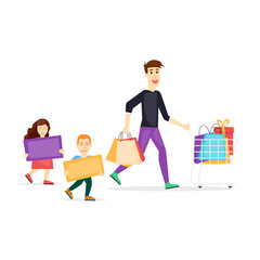 Sale. Family shopping. Characters. Flat design vector illustration.